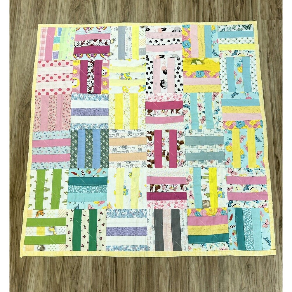 Hello Kitty Quilt Baby Blanket Handmade Pink Yellow Stars Teal 40”x40” New